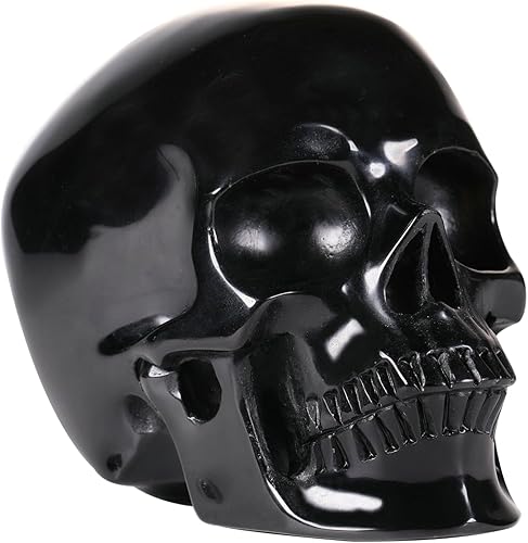 Calavera de cristal de obsidiana negra de 5.0 pulgadas, realista, escultura de piedras preciosas talladas a mano, piedra curativa de cristal.