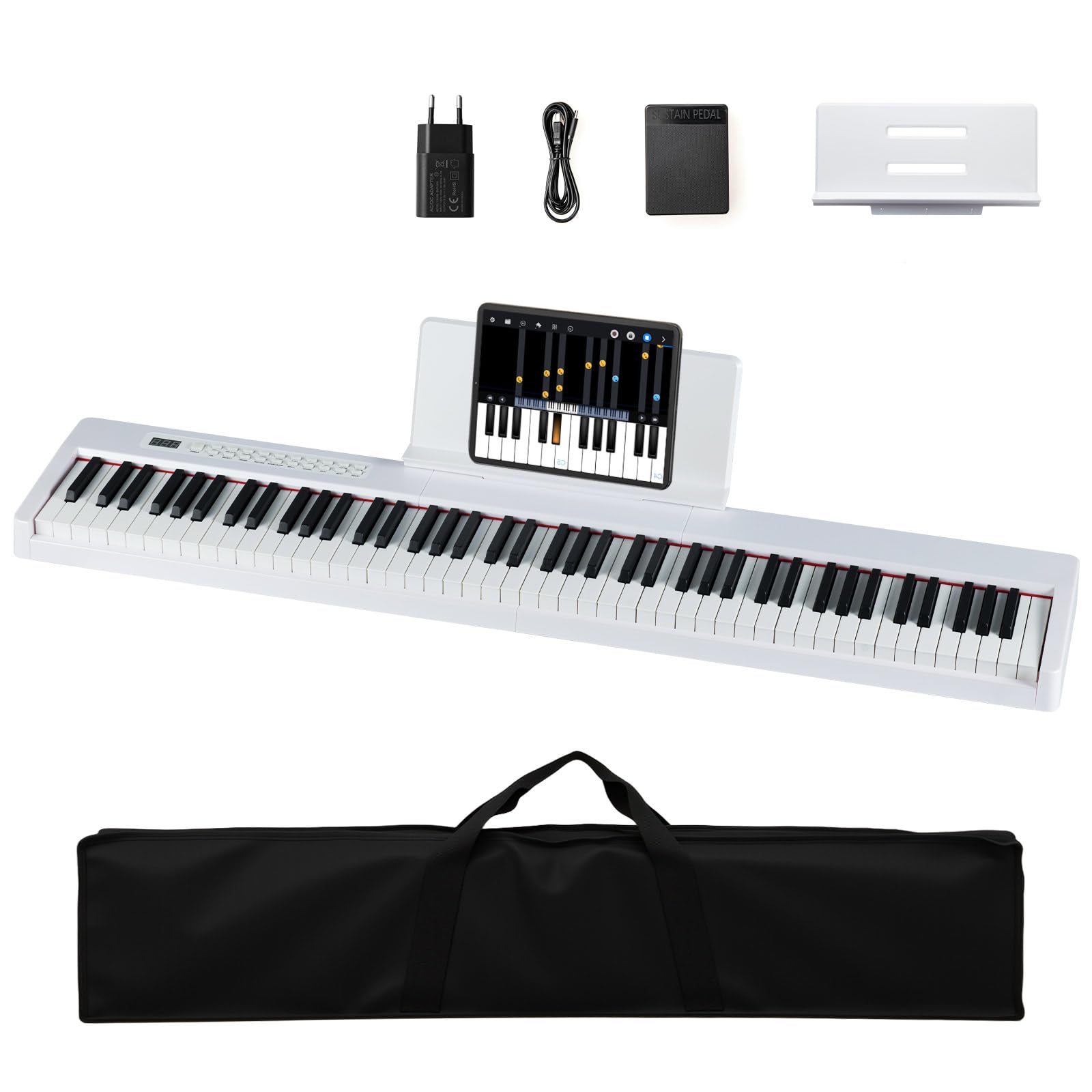 KOMFOTTEU Pianoforte digitale a 88 tasti, tastiera per pianoforte con 380 suoni, 128 ritmi, 88 demo, MIDI, pedale, pianoforte elettrico portatile con supporto per musica, borsa da trasporto (bianco)