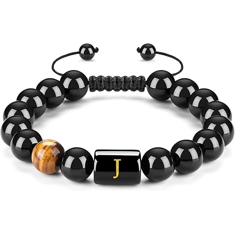 FRG Initials Bracelets for Men Letter Link Handmade Natural Black Onyx Tiger Eye Stone Beads Braided Rope Meaningful Bracelet