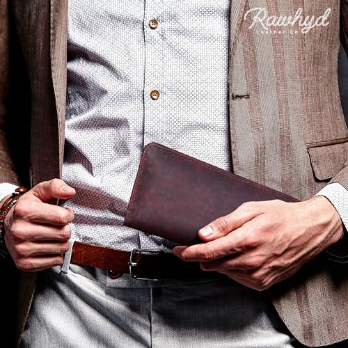 RAW HYD Full-Grain Leather Long Wallet for Men-Classic Bifold Western Wallet for Men-Minimalist Cowboy Wallets for Men-Rodeo wallets for men-Checkbook Cover & Gift for Him (Hunter Brown)2