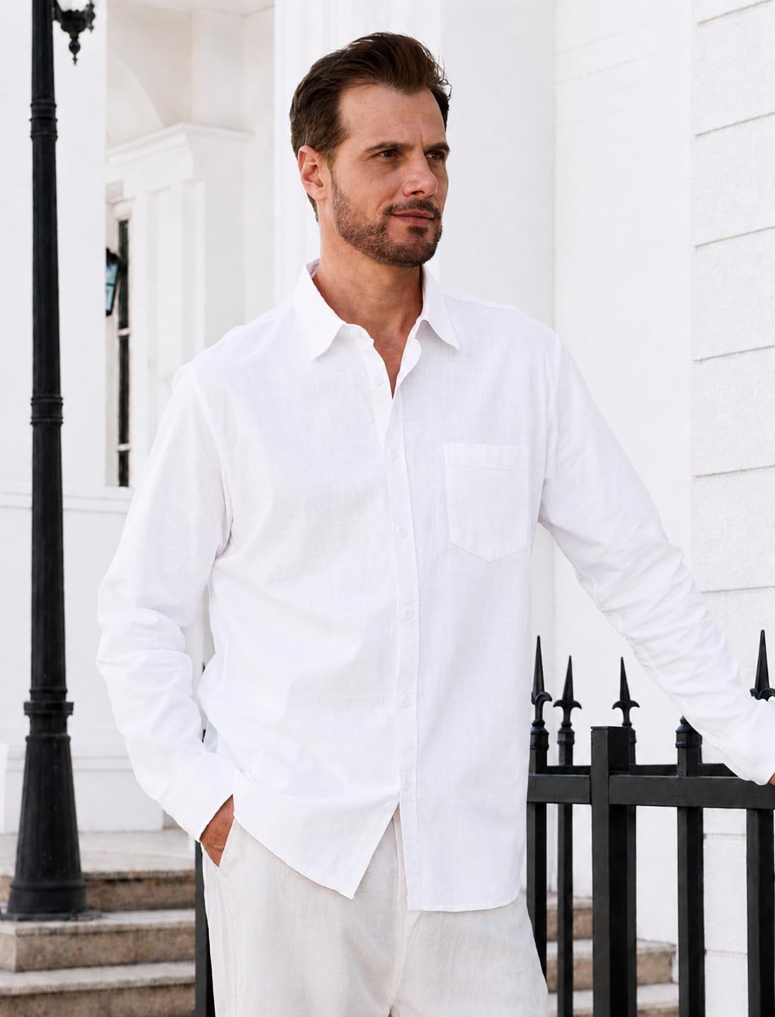 Camicia Uomo in Cotone-Lino a Maniche Lunghe, con Tasca, Camicia Casual da Spiaggia, Regular Fit, Camicia d'Estate