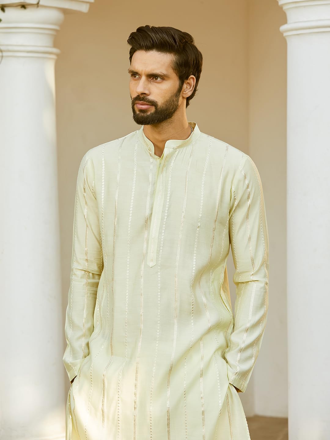 See Designs Men Full Sleeve Off White And Gold Chanderi Silk Sequins Mandarin Collar Side Slit Kurta With Pyjama - SDKT243601L - Image 3 thumbnail