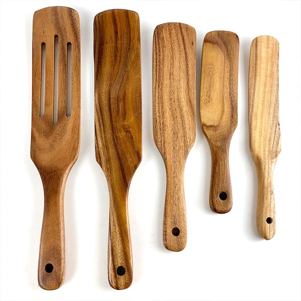 5 Pcs Wooden Spurtles Set Kitchen Cooking Utensils Teak Stick Cookware for Salad Stir