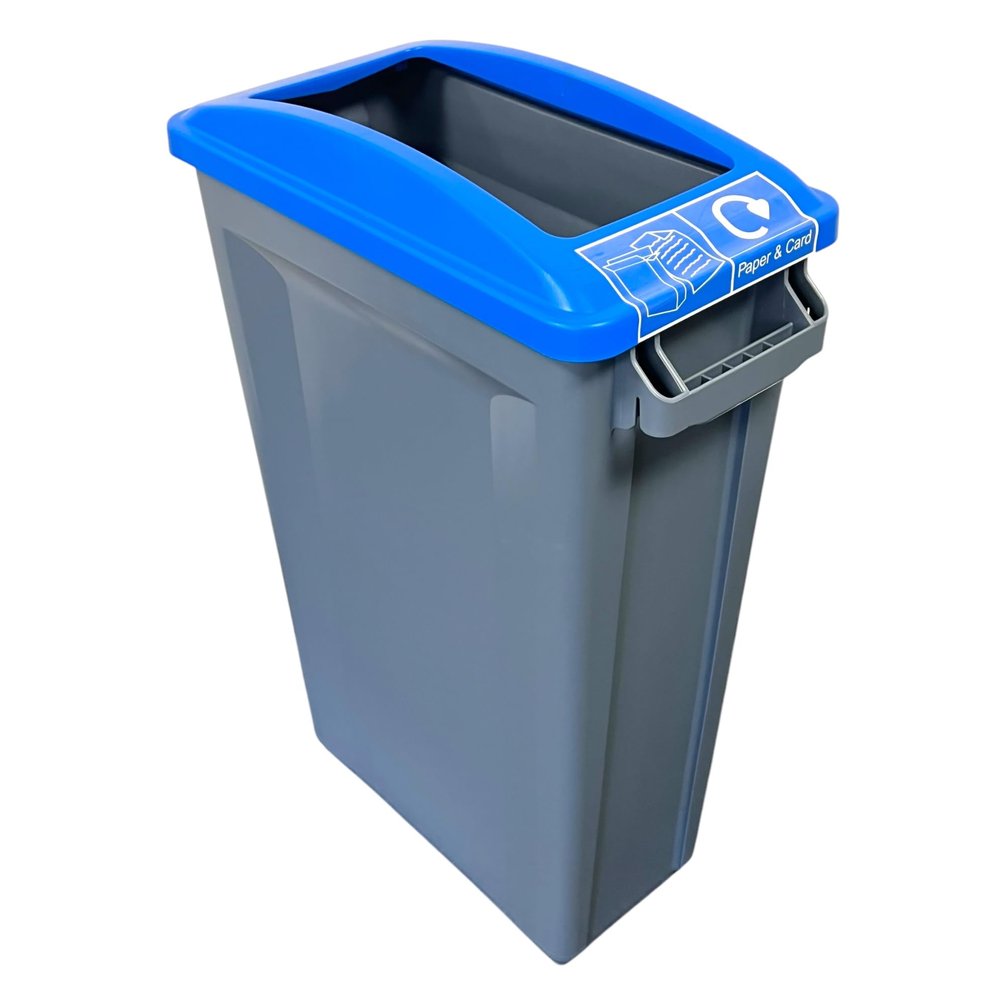 Chabrias Ltd 87L Slim Recycling Bin with Open Blue Lid + Paper & Card Sticker - Recycling Waste Container for Office, School & Kitchen - Narrow 87 Litre Commercial Recycling Bin & Vented Liner System