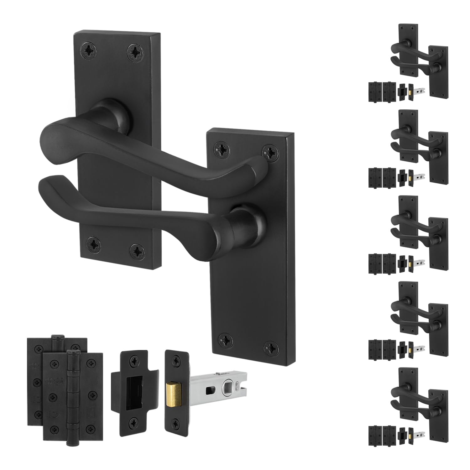 Eai Matt Black Black Victorian Scroll Latch Handle Set, 6 Pairs Internal Lever Latch Handles On Backplate, Latch 64Mm And Hinges