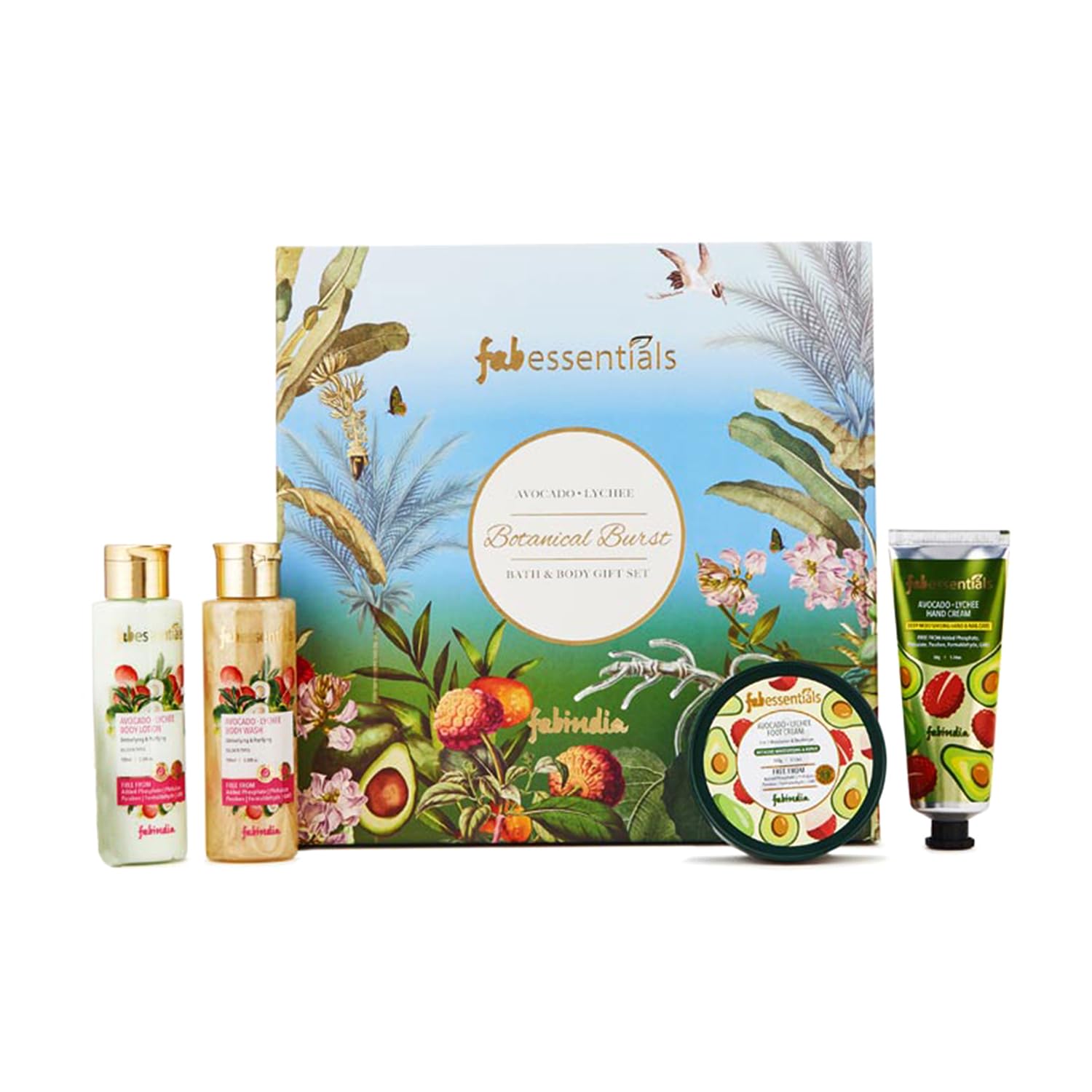 Fabessentials Avocado Lychee Botanical Burst Bath & Body Gift Set | Set of 4 Body Care | Body Wash, Body Lotion, Hand Cream & Foot Cream | infused with Natural Bioactives | Deeply Nourishes & Moisturises Skin - 200 ml + 150 gm