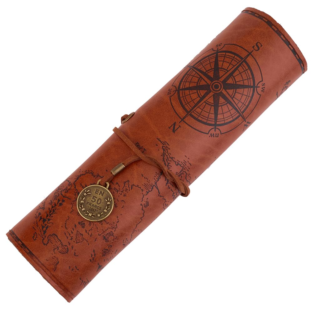 GORGECRAFT Canvas PU Leather Pencil Bag Strap Vintage Treasure Map Compass Pattern Pen Case Holder Cover Rollup Retro Pen Bag Wrap Roll up Portable Stationery Pouch with Alloy Charming Sandy Brown