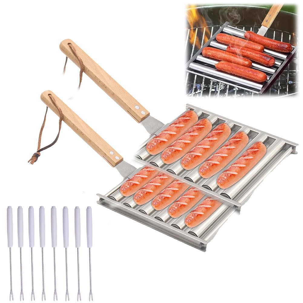 Hot Dog Roller for Grill, Stainless Steel Hot Dog Roller, Outdoor Camping BBQ Griller Roller, Evenly Cooked Hot Dogs, with 4pcs Fork for Family Gatherings, Barbecue Parties (2L+8Fork)