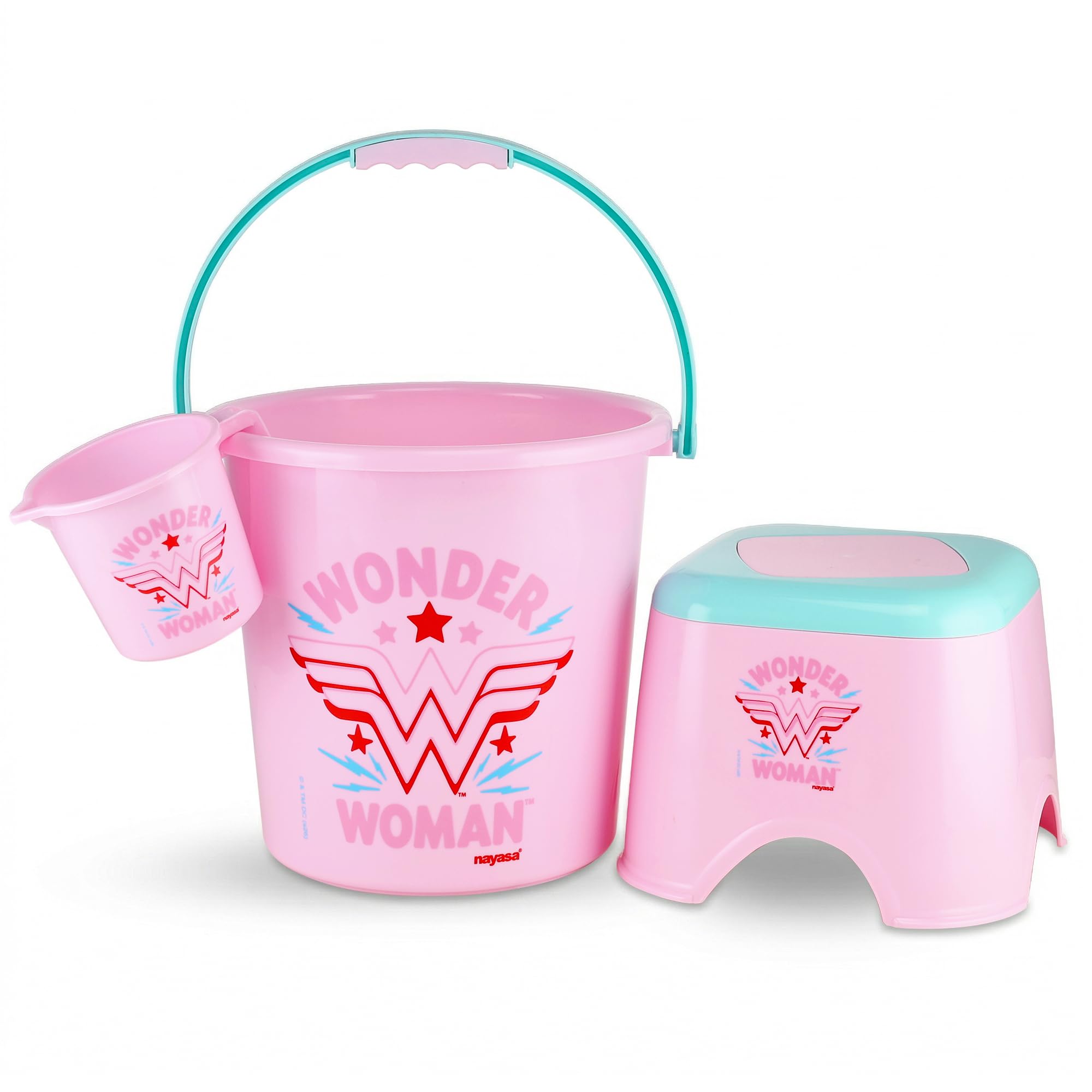 Nayasa Kids Bathroom Wonder Woman Set of 3 | Bucket, Mug and Stool Combo | Durable Plastic Bath Set | Lightweight & Easy to Use | Pink-image-17