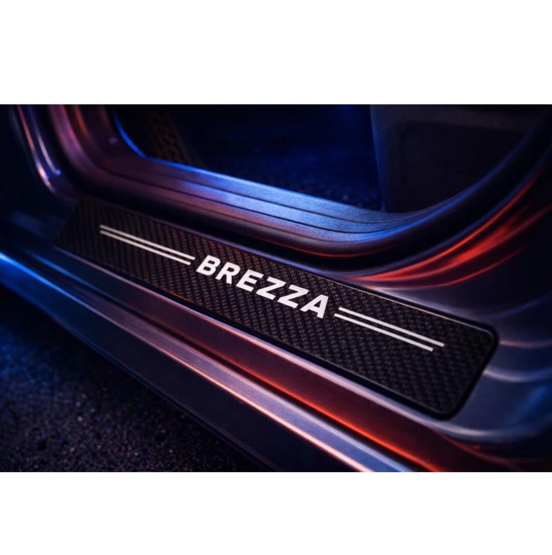 Vitior® Car Door Guard Sill Protectors Compatible for Brezza 4 Pcs Reflective Carbon Fiber Vinyl Threshold Sticker Decorative Car Door Scuff Plate,Anti-Scratch, Anti-Dirty, Waterproo (Pack of 4)