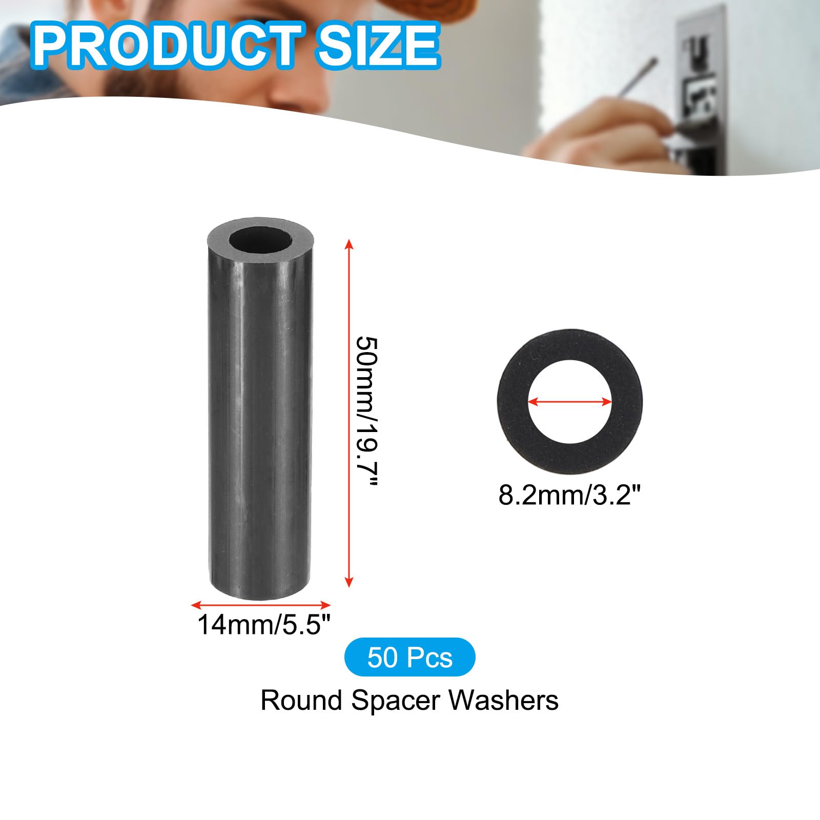 PATIKIL 50Pcs M8 ABS Spacers 5/16" ID x 9/16" OD x 2" L Plastic Round Spacer Washers Black Standoff Nut Unthreaded for M8 or 5/16 inch Screws Bolts Electrical Outlet - Image 2