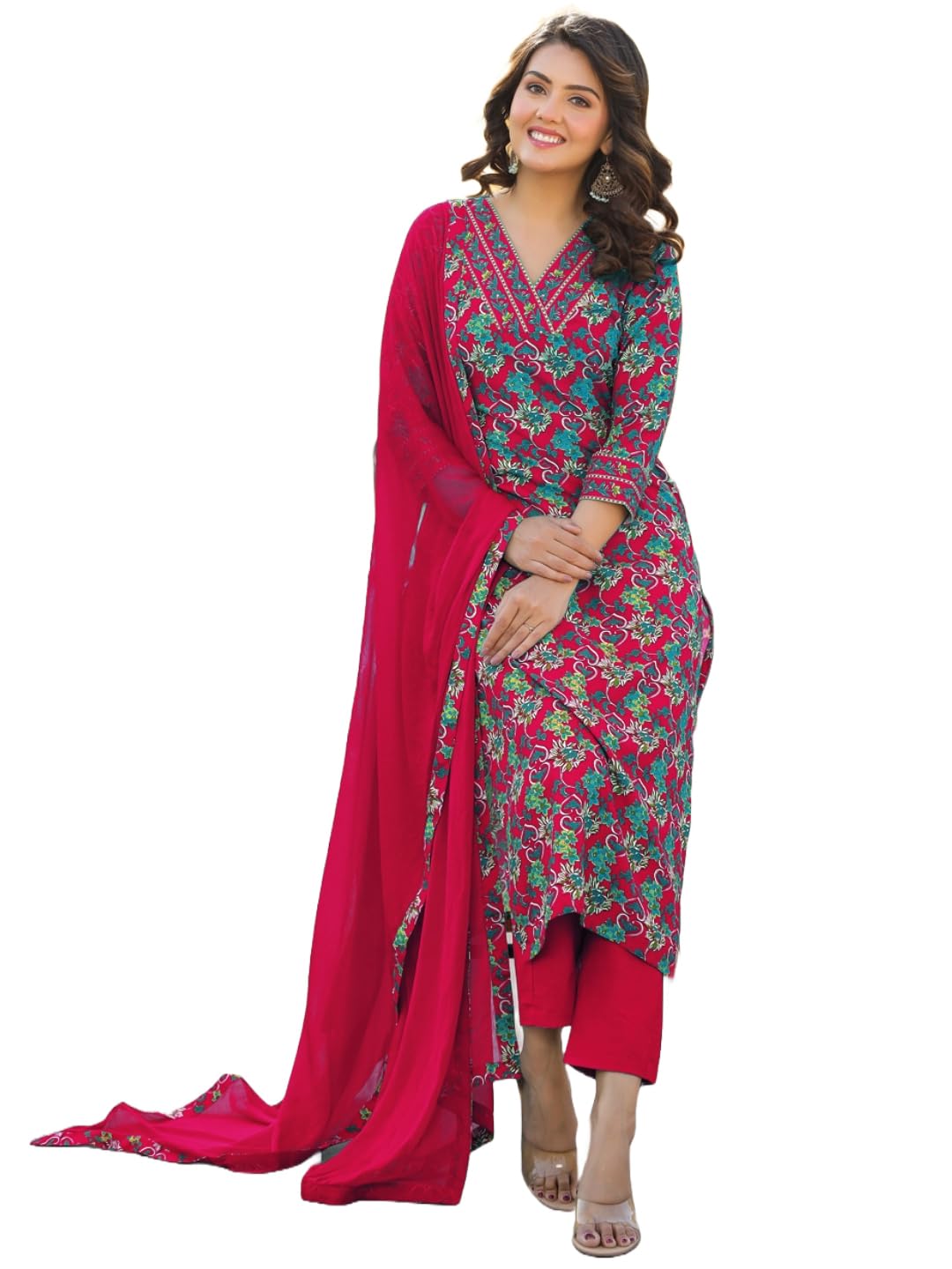 GoSriKi Womens Rayon Blend Straight Printed Kurta with Pant & Dupatta (Shaniya Pink-GS_M_Pink_Medium) (B0DGKXCLWM) Amazon Price History, Amazon Price Tracker