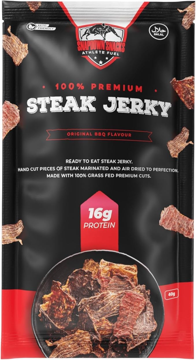 SNAPDOWN SNACKS - High Protein Jerky Original Meat Snacks with Flavorful Strips - Halal Beef steak Jerky Snacks Pack for Great Protein (1 Pack, Original BBQ)