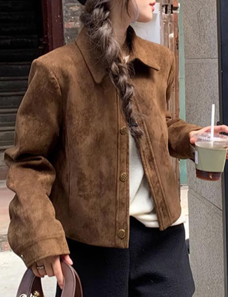 Mywinway Faux Suede Jacket Women Fall Winter Casual Leather Moto Jackets Vintage Y2k Shacket Blazer Coats Outerwear