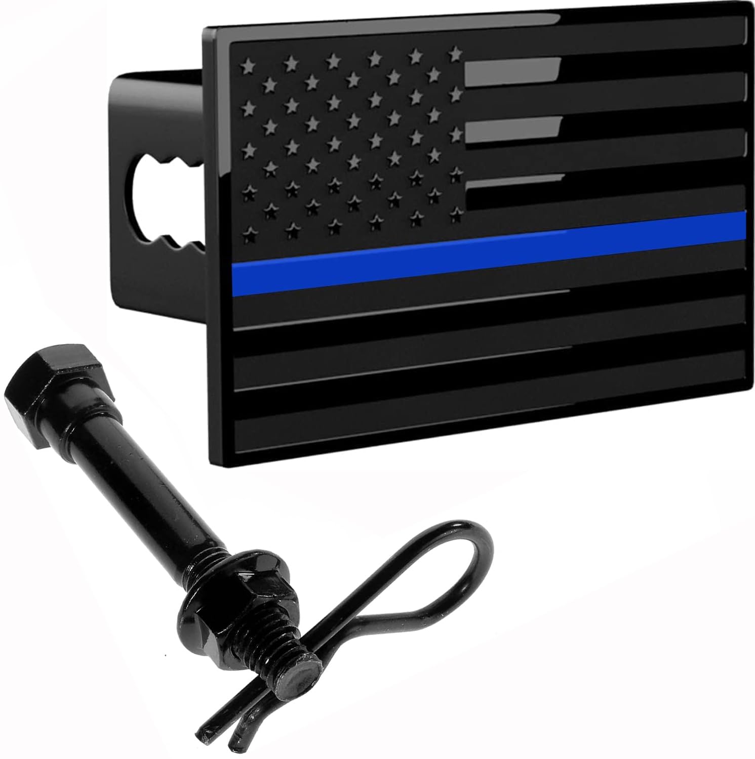 eVerHITCHUS American Flag Chrome Emblem Trailer Metal Hitch Cover Fits 2" Receivers Black & Black with Thin Blue line