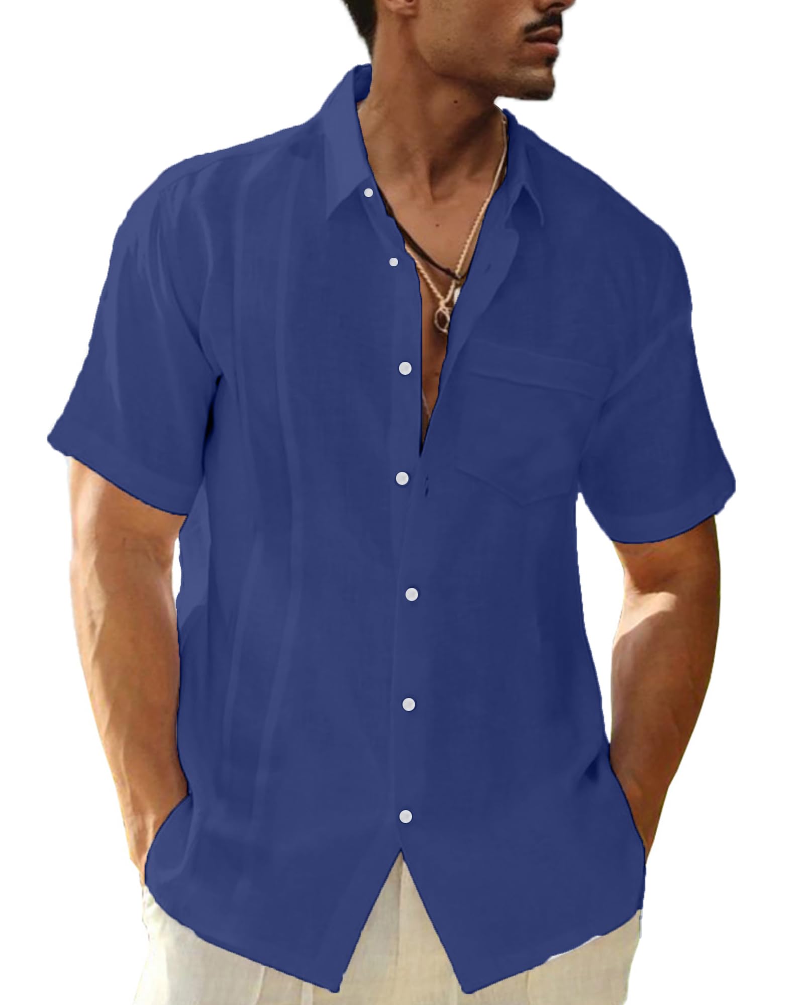 LVCBL Herren Leinen Kurzarm Hemd Sommerhemd Freizeithemd mit Brusttasche Regular Fit Men Shirts