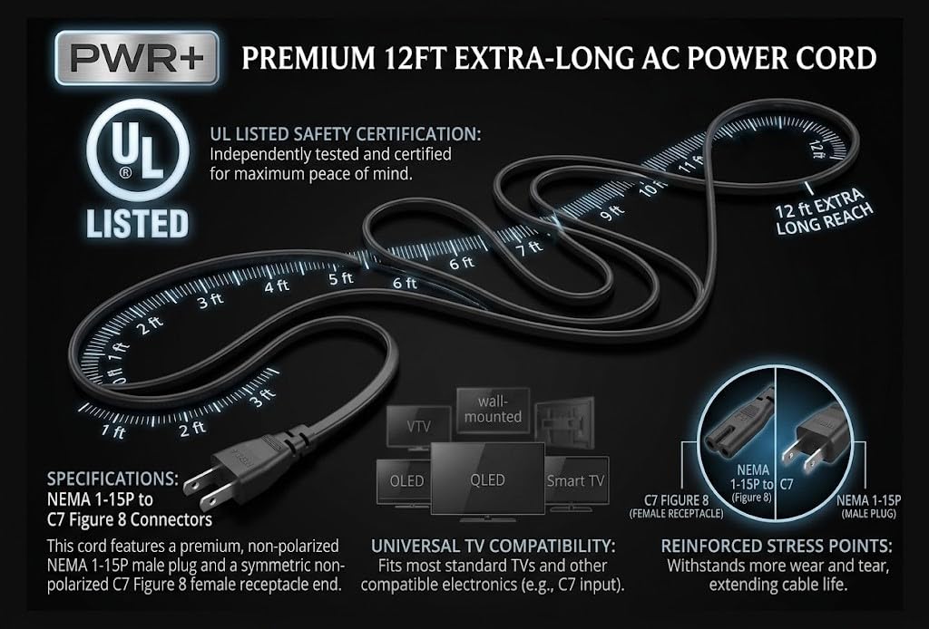 Tv Power Cord 12Ft Cable for Samsung LG TCL Sony: Apple Tv Insignia Sharp Toshiba JVC Hisense 4k 8k UHD Crystal Tizen Smart Roku Quantum Panasonic HDR LED QLED 2 Prong UL Listed (Black) — Amazon image 2
