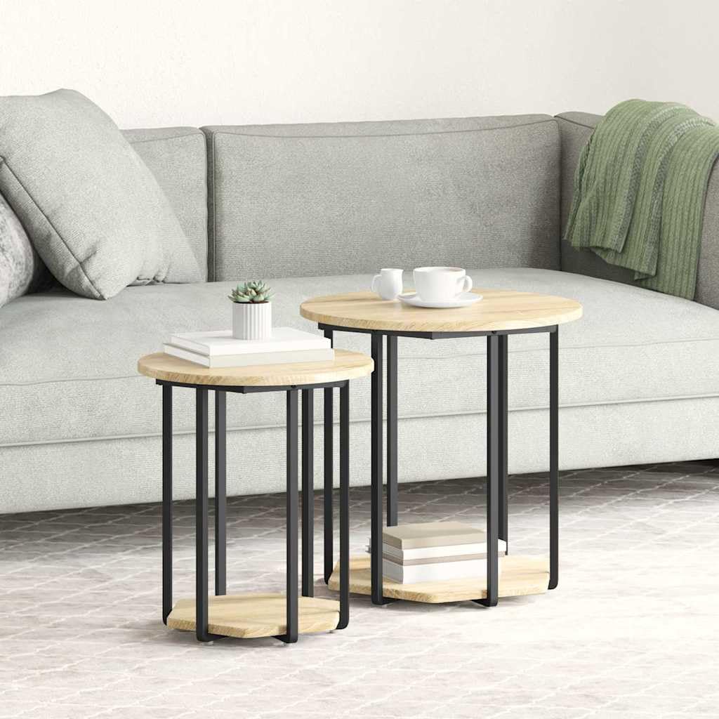 Juego de 2 mesas auxiliares de diseño industrial, juego de mesa de centro de madera y metal, mesa de salón con estante, mesa de café marrón, mesa auxiliar para sofá y sillón
