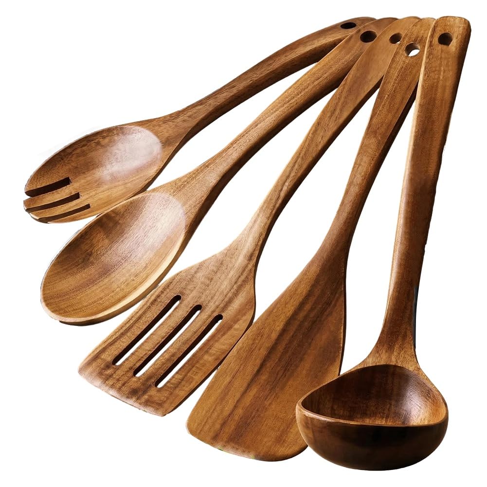 Hndhbfgrt Wooden Kitchen Utensils 5-Piece Set:Non-Stick Spatula, Spatula Separator, Fork, Serving Spoon