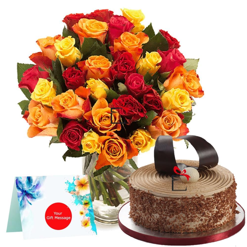EG2i Bright Roses Glass Vase with 1Kg Coffe Cake for Birthday|Anniversary |mothersday | Same day delivery (8 Flowers + 1kg Cake)