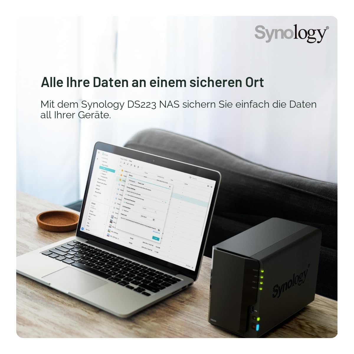 Synology DS223 2-Bay Diskstation NAS (Realtek RTD1619B Quad-Core 2GB Ram 1xRJ-45 1GbE LAN-Port), Schwarz