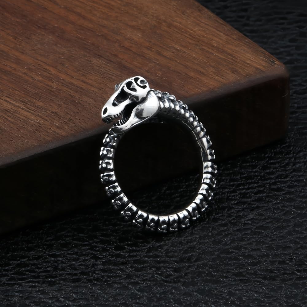 Vintage Schwarz 925 Sterling Silber Dinosaurier Skelett Ring für Herren Damen Verstellbarer Größe 58-63
