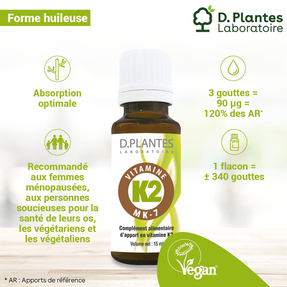 D.PLANTES - Vitamine K2 MK7 - Complément Alimentaire - Ossature Normale, Coagulation Sanguine - Origine Végétale - Certifiée Vegan - 15 ml
