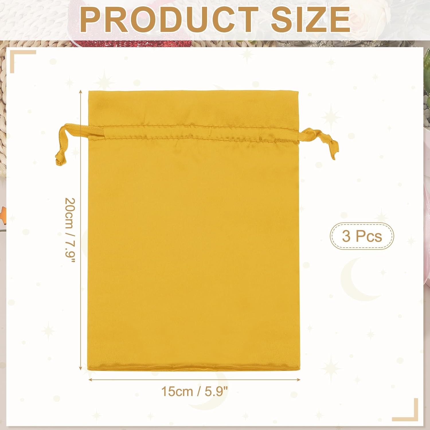 PATIKIL 6 x 8 Inch Satin Bags with Drawstring, 3 Pcs Silk Drawstring Gift Bags Wedding Favor Pouch for Jewelry Candy Christmas Party Graduation Birthday Easter, Gold - Image 2