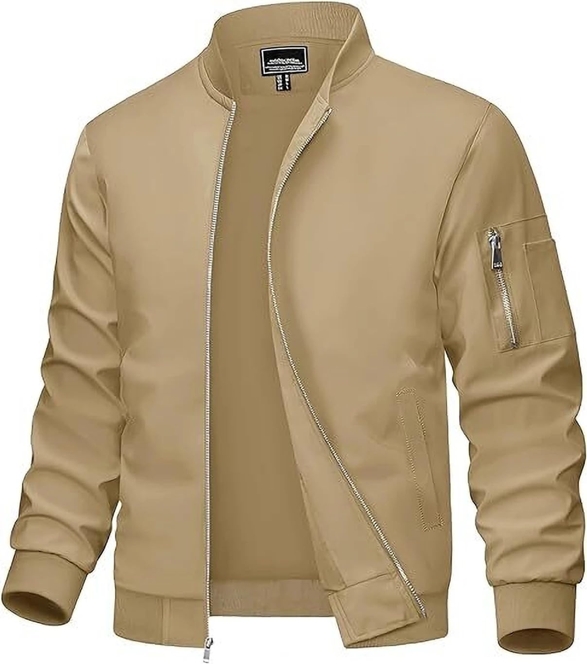 Berrylush Men's Bomber Jacket Lightweight Windbreaker Zip Up Casual Jacket Windproof Polyester Outerwear with 5 Pockets Stand Collar Fashion Coat for Men in neutral