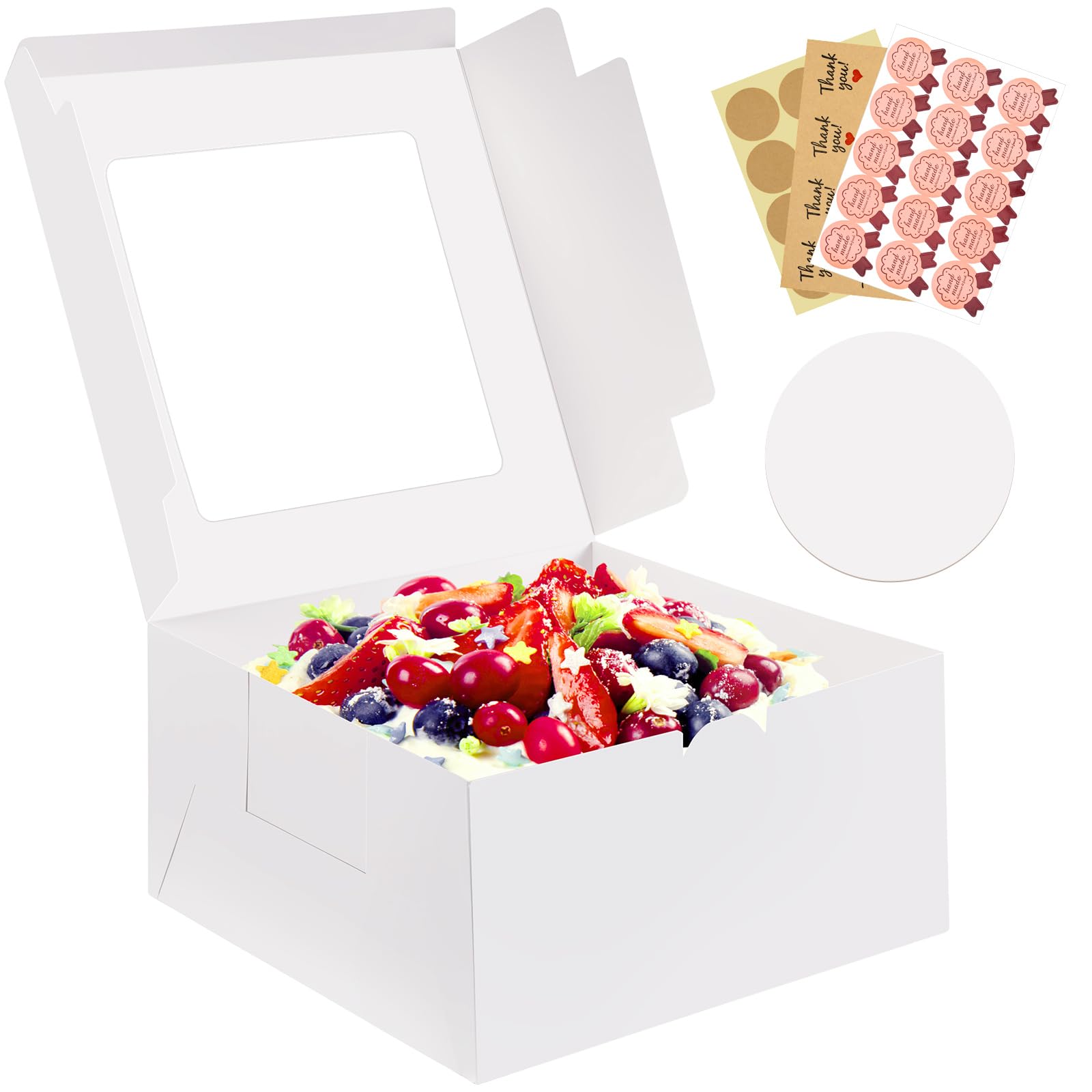 Vorfre 3 Pack Cake Boxes, 10x10x5 Inches Cake Boxes with Boards, White Square Bakery Boxes with Window, Disposable Cake Containers with Lids for