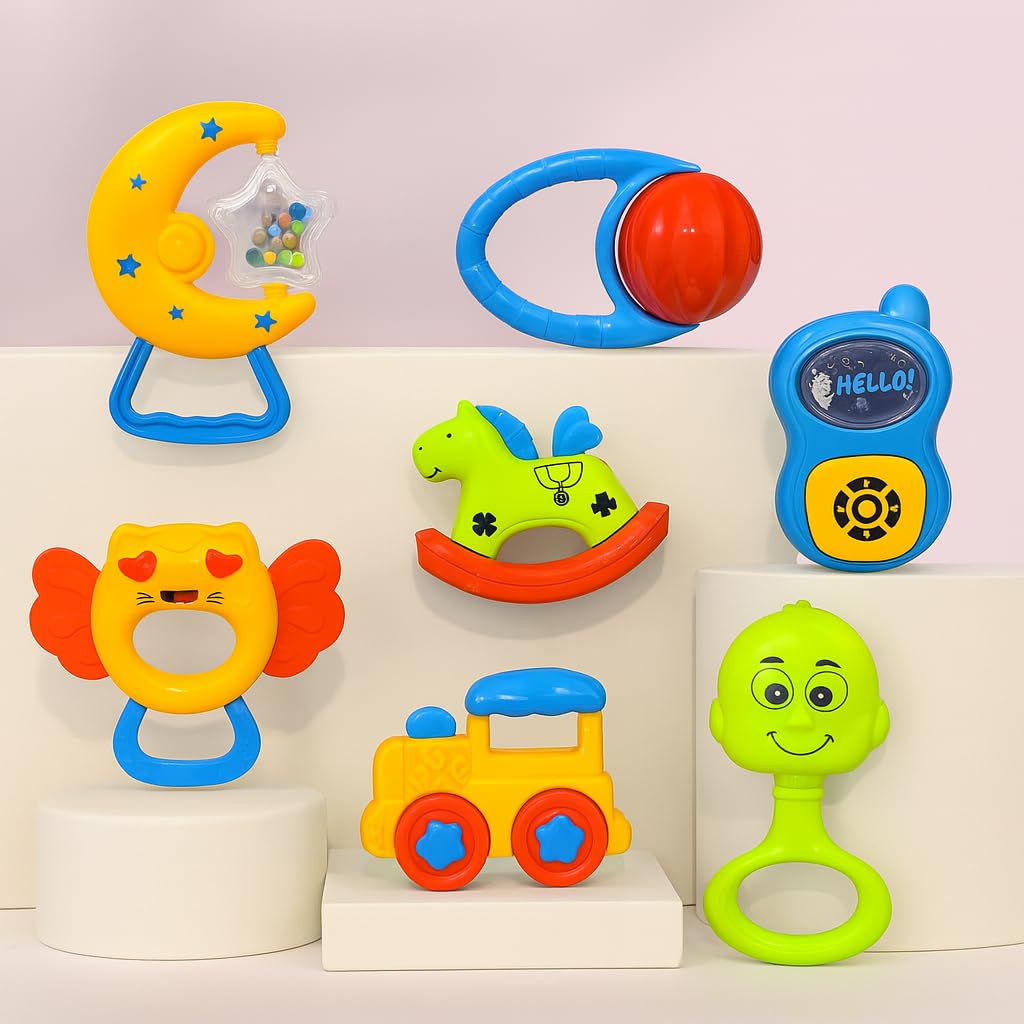 Mini Wonders Baby Rattle Set of 7 | Newborn Rattle Gift Set for Boys & Girls | Safe & Colorful Infant Toys for Early Learning & Sensory Play | Ideal Gift Pack for 0-12 Months Babies 1