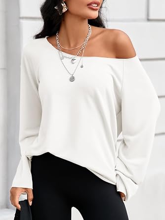 Fisoew Womens Off The Shoulder Tops Sweatshirts Lightweight Oversized Pullovers Long Sleeve Y2k Loose Fit Tunic Tops White