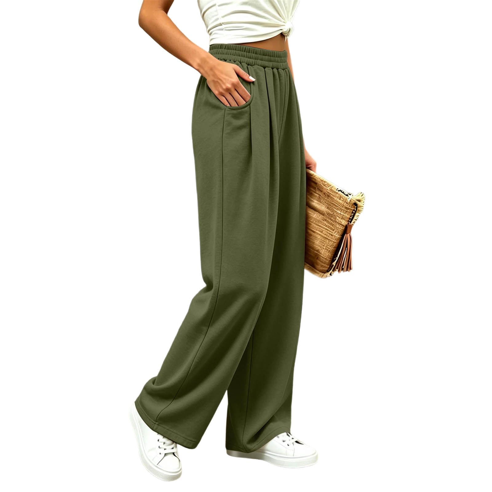 KHIRVWL Pantaloni da Jogging Donna Pantaloni Lunghi a Vita Alta Pantlone Cotone con Coulisse Regolabile Leggeri e Comodi Pantalone da Corsa con Tasche Plissettato Pants Baggy per Yoga e Fitness