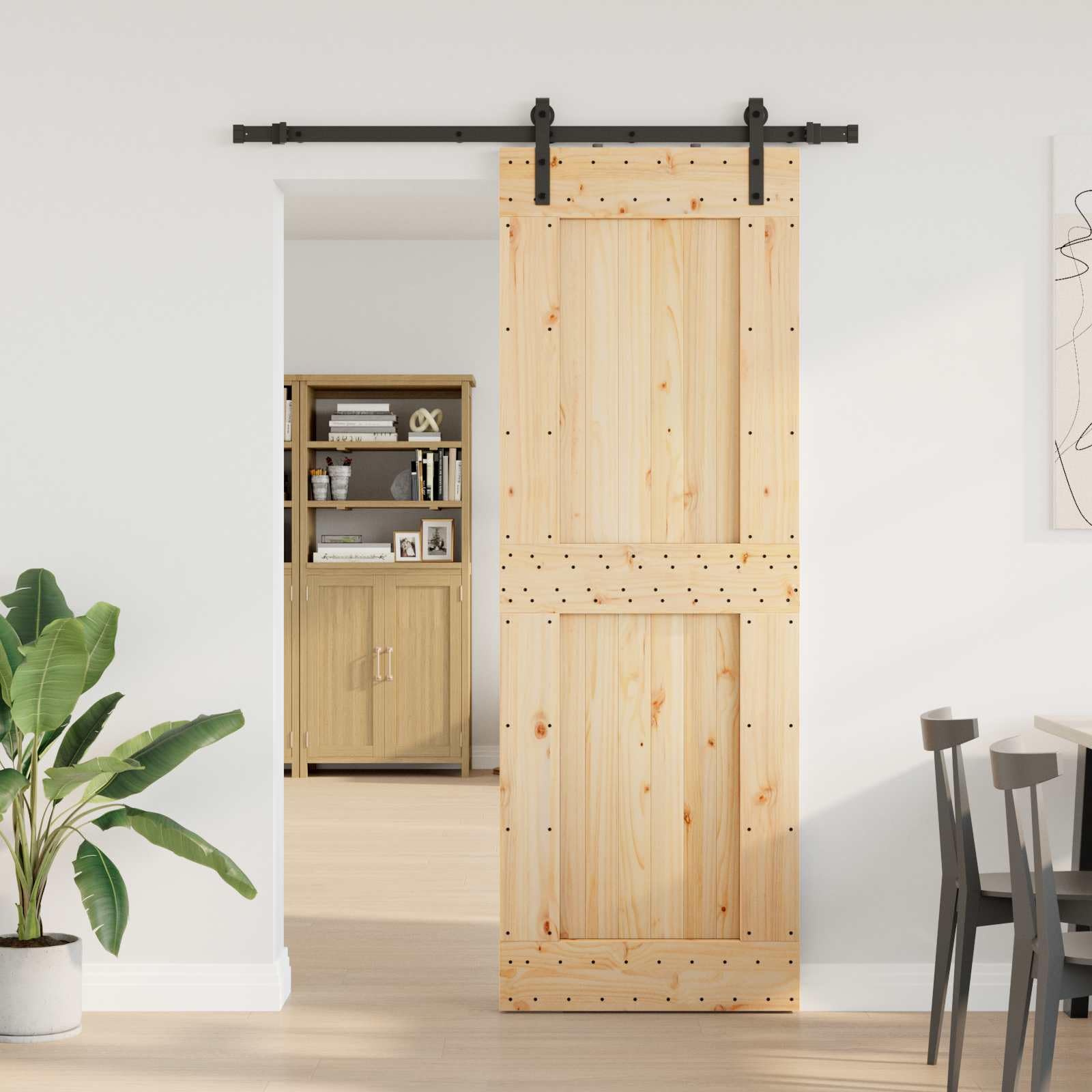 Puerta corredera Narvik de madera de pino maciza natural y negra, 80 x 210 cm, con riel de acero pulverizado de 152,5 cm, ahorra espacio para interiores y fácil montaje