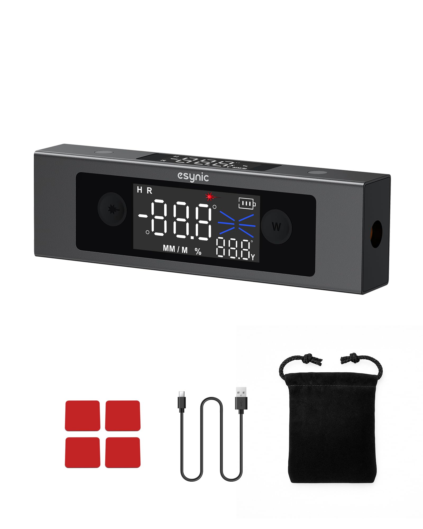 eSynic 4x90°Level Box Digitale con 2 Linee Laser, Doppio LCD Inclinometro Dual Asse X/Y, Base Magnetica, Goniometro Ricaricabile in Lega Alluminio Unità °/% / MM/M per Falegnameria Decorazione - Nero