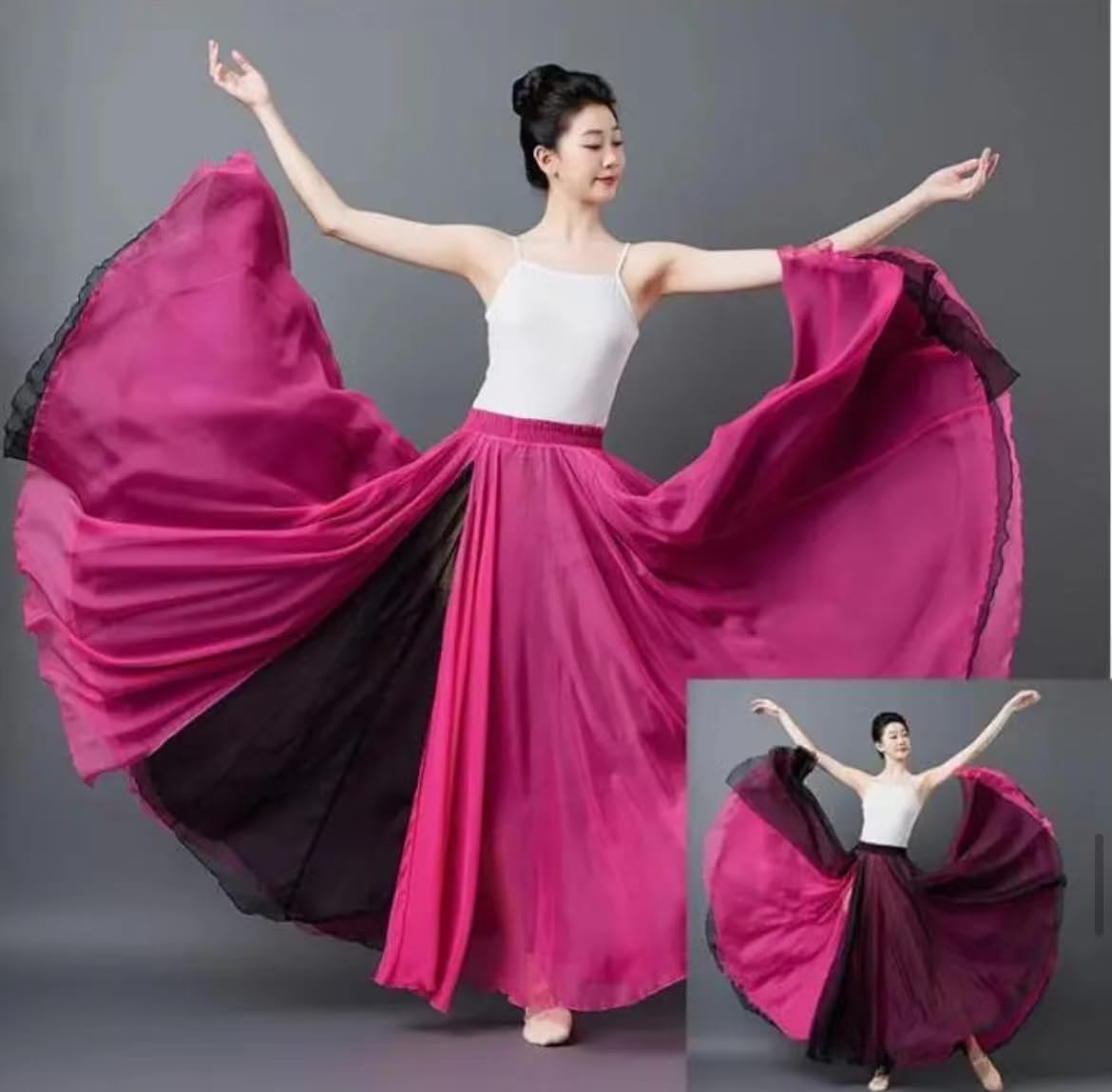 HEARTTOUCH Women's Fairy Lyrical Dance Skirt 720 Double-Side Swing Wrap Skirts Ballet Modren Dance Costumes for Performance (Hot Pink+Black,85,Medium)