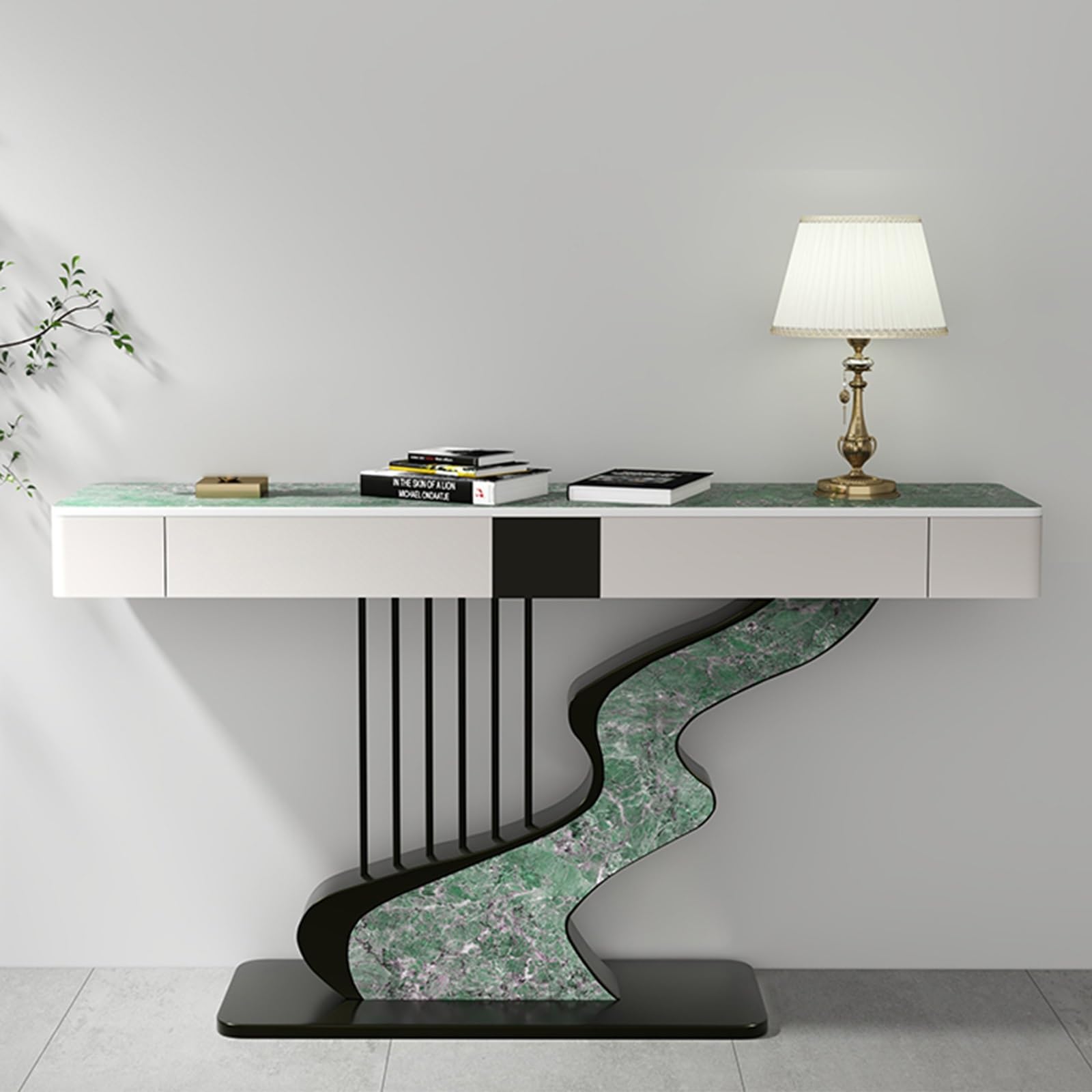 Mesa Recibidor Entrada con Cajones, Consola Recibidor con Tablero De Piedra Sinterizada, Recibidores De Entrada, Estructura De Hierro con Forma De Arpa, para Salón O Recibidor.