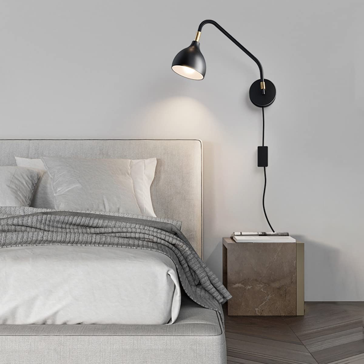 Wandleuchte Vintage Innen Mit Schalter, Wandlampe Retro E27 Mit Kabel Für Steckdose 180° Drehbar Schwarzes Metall Langer Arm Wandbeleuchtung Schlafzimmer Nachttischlampe Verstellbare Wandleselampen