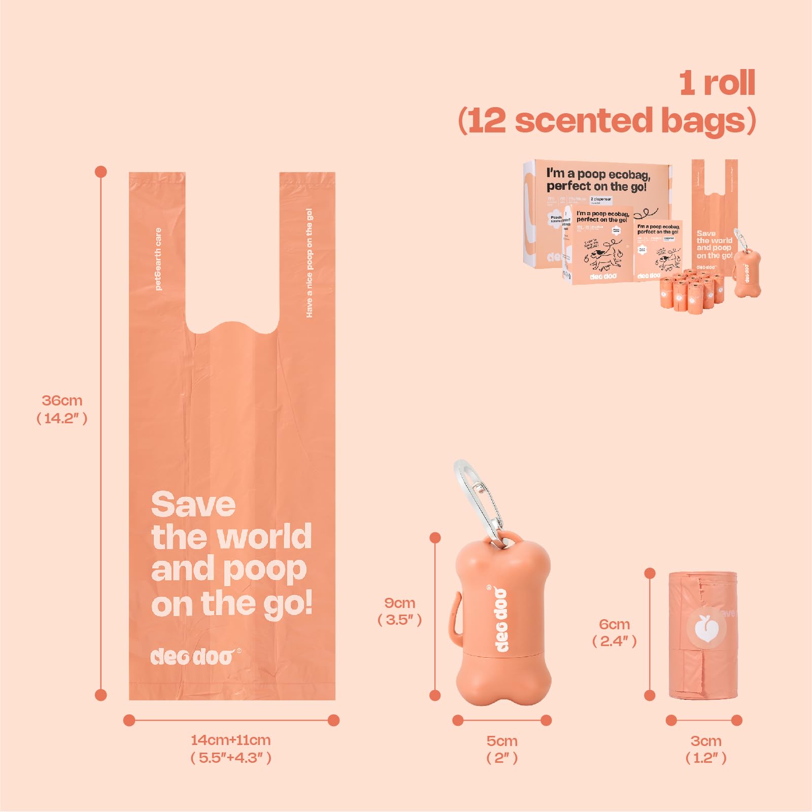 Deo Doo Dog Poop Bags with Handles 60 Rolls 720 Counts Big Sizes Leak Proof and Extra Thick Waste Bags Refill Rolls for Walking Small Medium Large Dogs Cats Litter With 2 Holders Peach Scented - Image 3