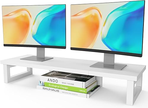 WESTREE Soporte Elevador para Monitor Doble, Soporte Elevador para Monitor de Madera y Acero, Soporte para Monitor de Computadora para 2 Monitores,