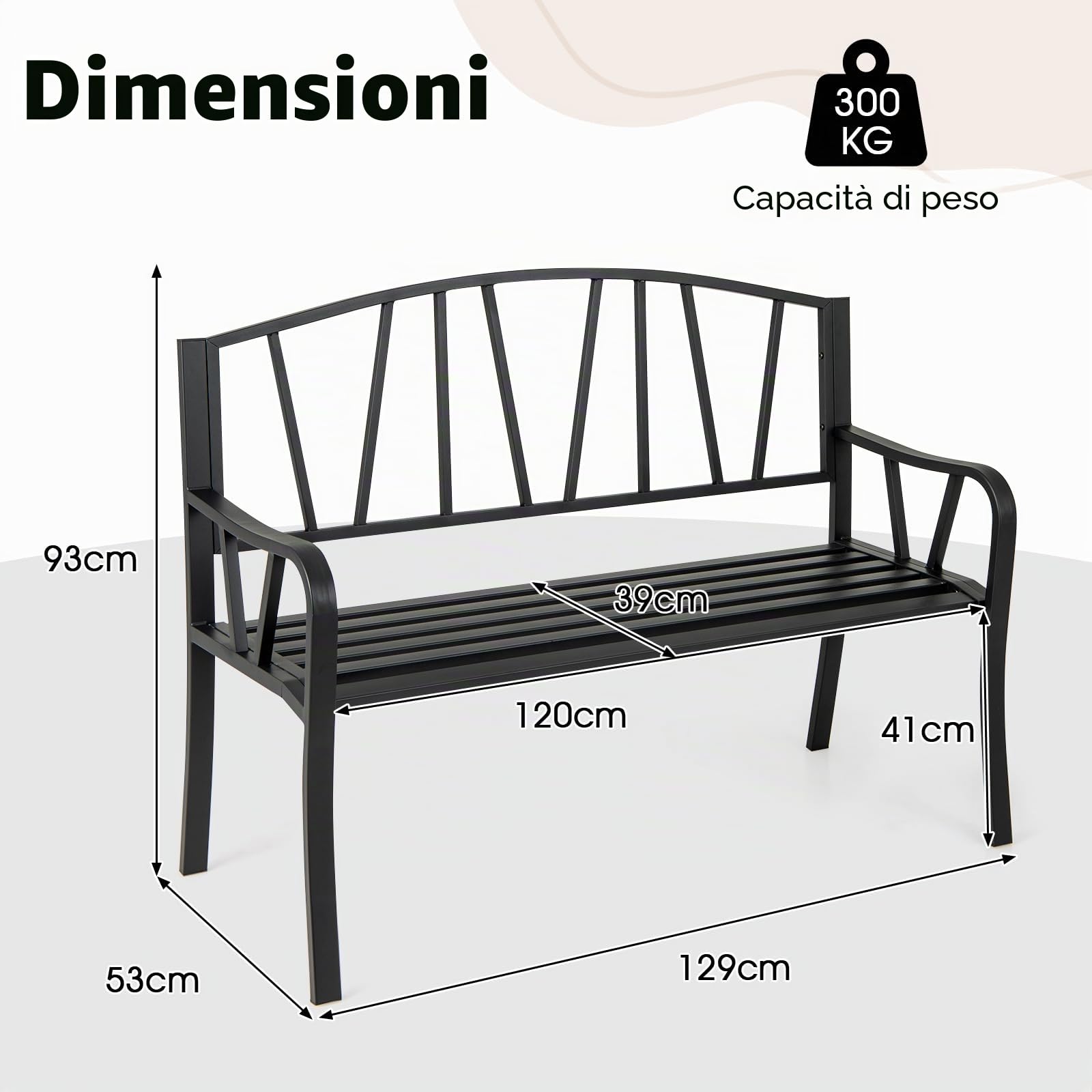 GIANTEX Panca esterna da giardino, seduta a doghe per 2-3 persone, capacità 300 kg, schienale semplice, braccioli curvi, panca da giardino in metallo robusto per terrazza, parco (129 x 53 x 93 cm)