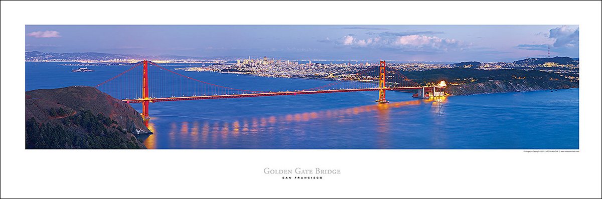 San Francisco Golden Gate Bridge At Night Art Print Panoramic #9 (Panorama) Poster by Vista Point Studio Gallery