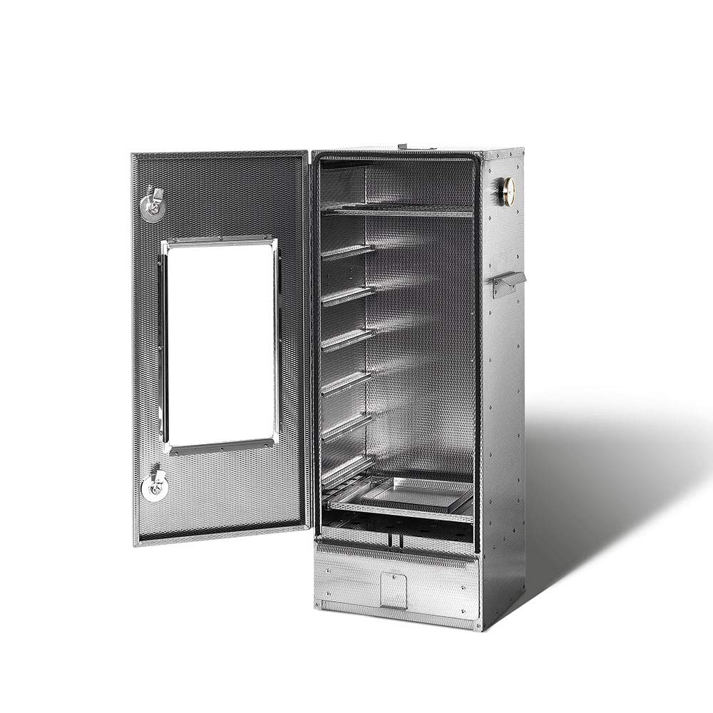 SMOKI Räucherofen 100x39x33cm Cr-Edelstahl geprägt mit Sichtfenster – Einwandiger Räucherschrank für Fisch, Fleisch & Käse – 7 Ebenen, Inkl. Thermometer & Zubehör, für Holz, Gas & Elektro
