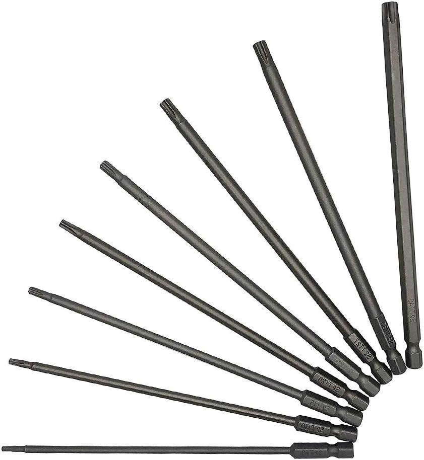 8Pcs Torx Screwdriver Bits Set, 1/4" Magnetic Star Head Screwdriver Bits T8/T10/T15/T20/T25/T27/T30/T40, 150mm Long Electric Hex Shank Security Torx Screwdriver Bit Set