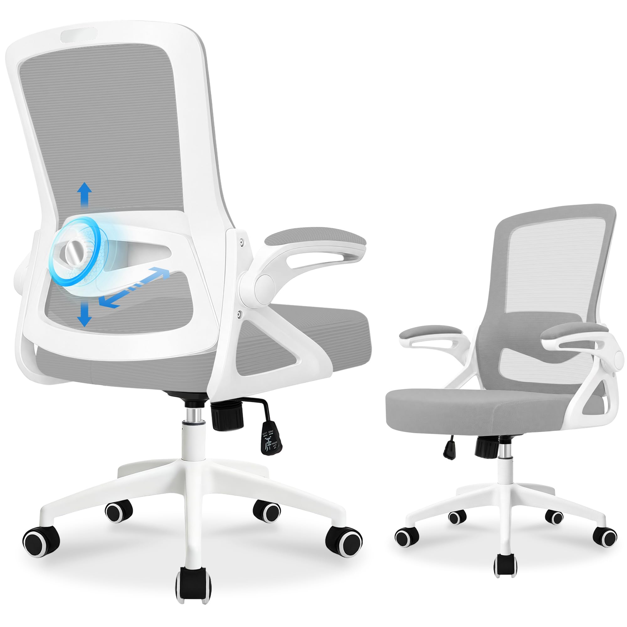 Durrafy Ergonomic Office Chair, 4D Lumbar Support Mesh Desk Chair with 90° Folding Armrests, 150kg Load Height Adjustable Computer Chair for Home Office (Grey, Foam)