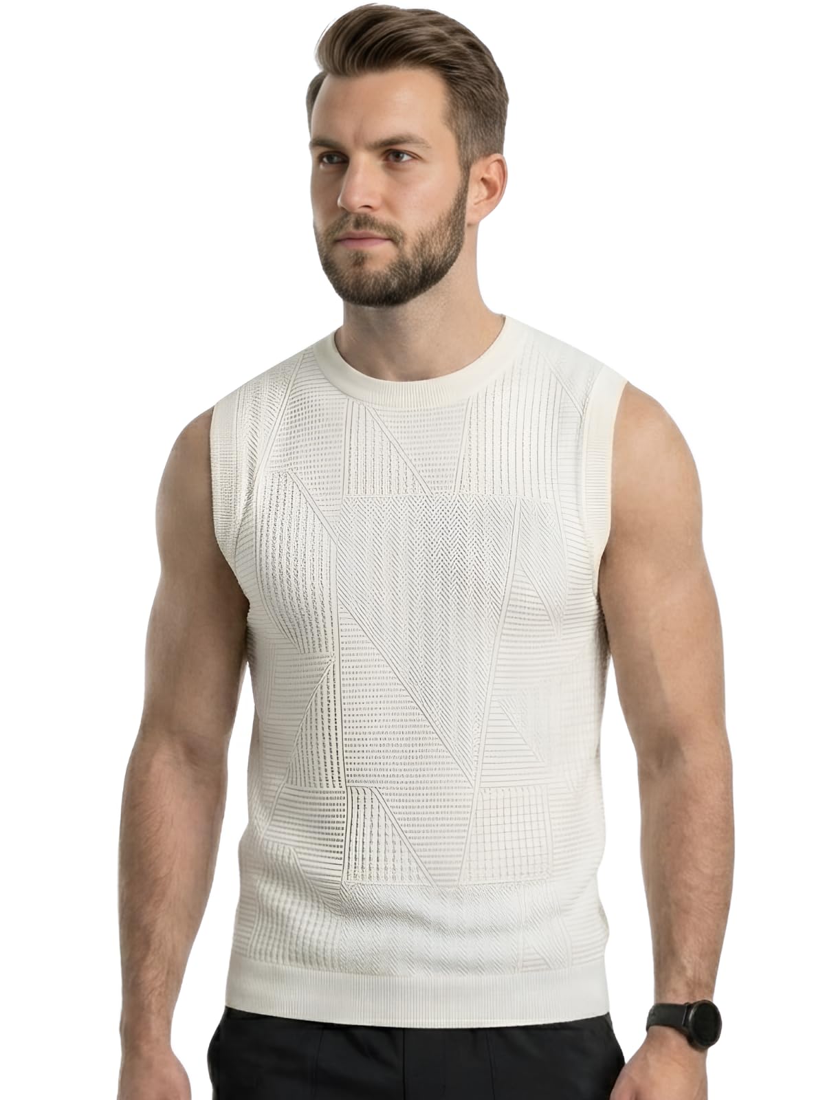 GRECIILOOKS Sleeveless T Shirts for Men | Round Neck Textured Tshirt for Men in Premium Jacquard Knit | Gym Tank Top Mens Style with Stretch Comfort | Casual Streetwear Layering Tee-image-5