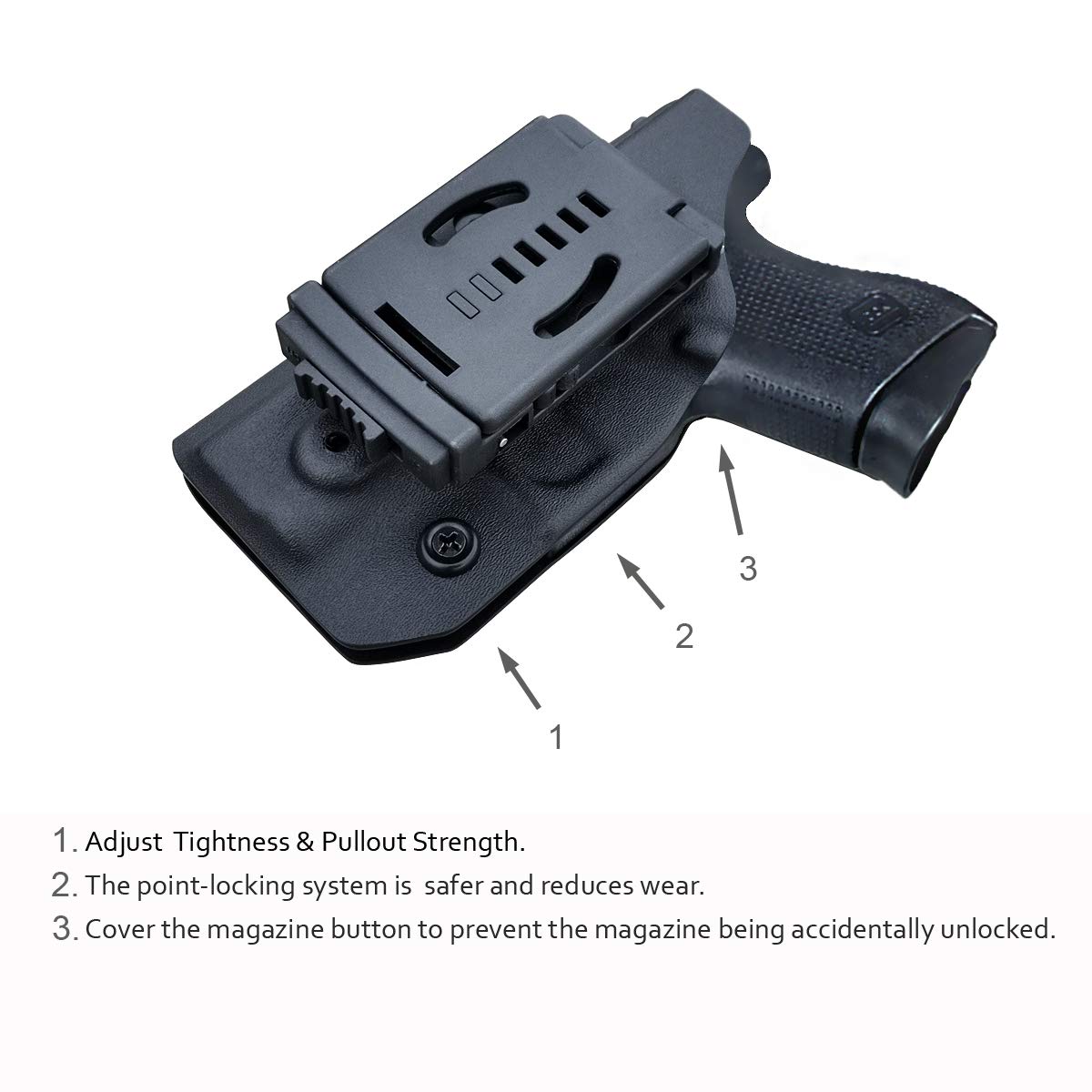 Glock 43 holster, Glock 43x holster OWB Kydex Funda Custom Fit: Glock 43 / Glock 43X (Gen 1-5) Pistol - Transporte exterior de la pretina - Clip de cinturón de 1.5-2 pulgadas - Adj. Width Height Retención de inclinación, Entrada ensanchada