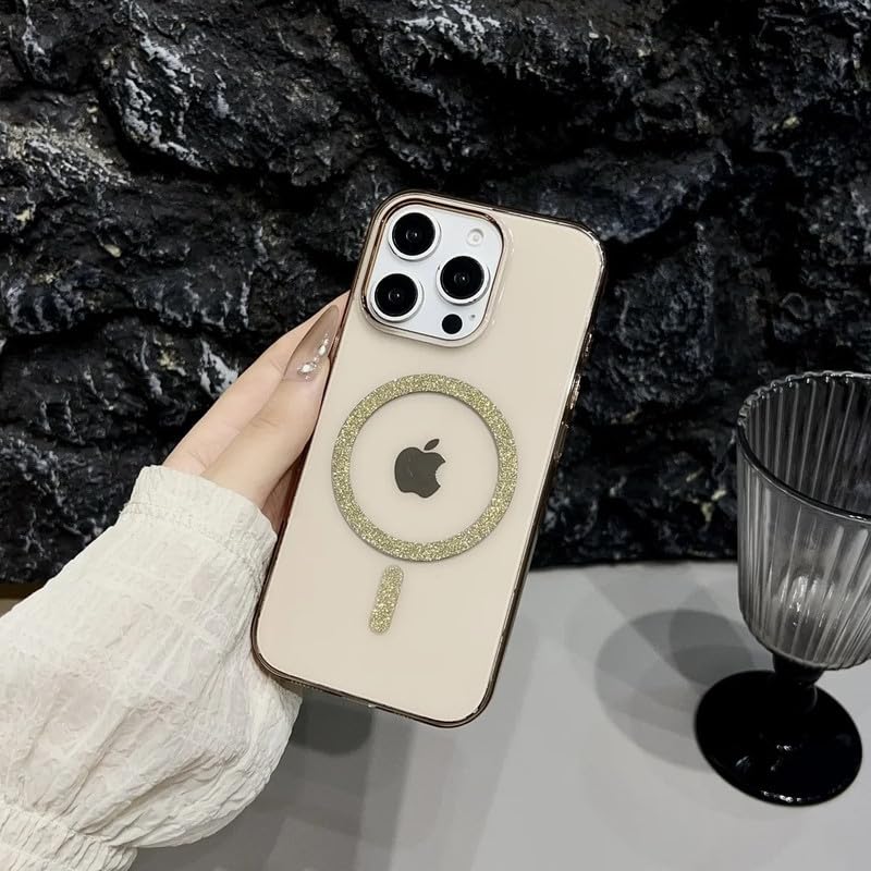 Image of COVERLY Ultra Thin Slim Sleek Hard Transparent Shinny Glitter Magnetic Ring Mag-Safe Case for iPhone 14 Plus Shockproof PC Clear Bling Spakly Cover (Desert Titanium)