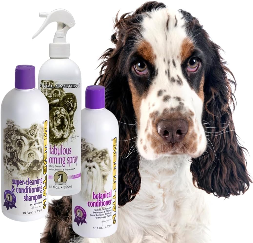 #1 All Systems Professional Pet Grooming Kit, Shampoo, Conditioner, and Grooming Spray for Setters, Spaniels, Breeds with Jackets - Coarser Outer Coat with Silky Furnishings