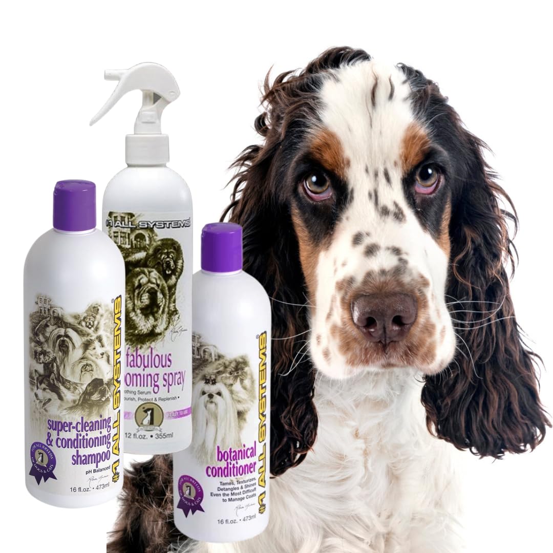#1 All Systems Professional Pet Grooming Kit, Shampoo, Conditioner, and Grooming Spray for Setters, Spaniels, Breeds with Jackets - Coarser Outer Coat with Silky Furnishings